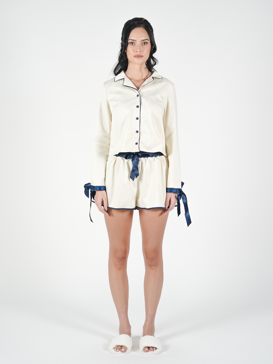 The Solace Set in Cream and Blue Piping