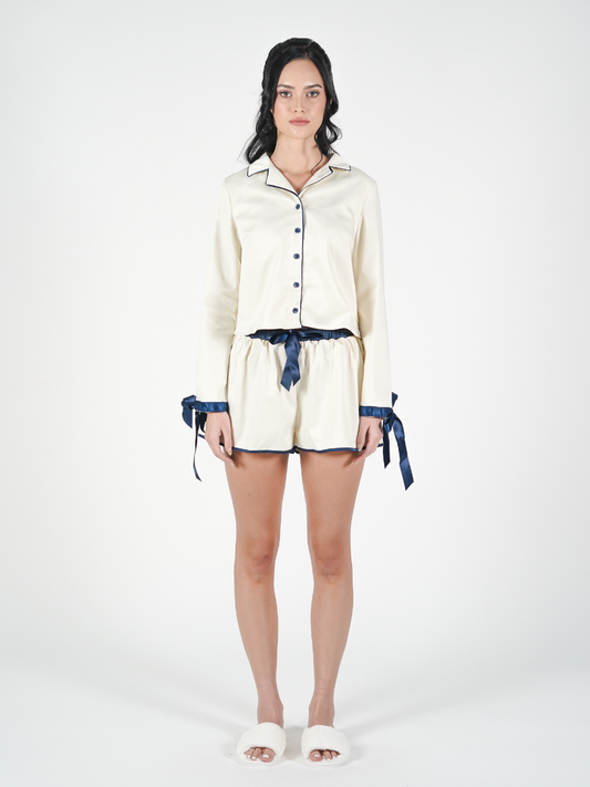 The Solace Set in Cream and Blue Piping