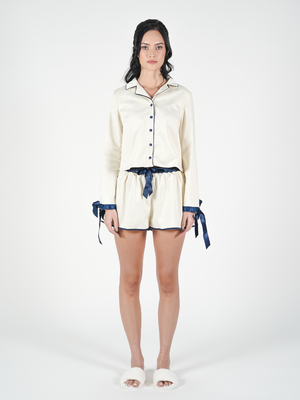 The Solace Set in Cream and Blue Piping