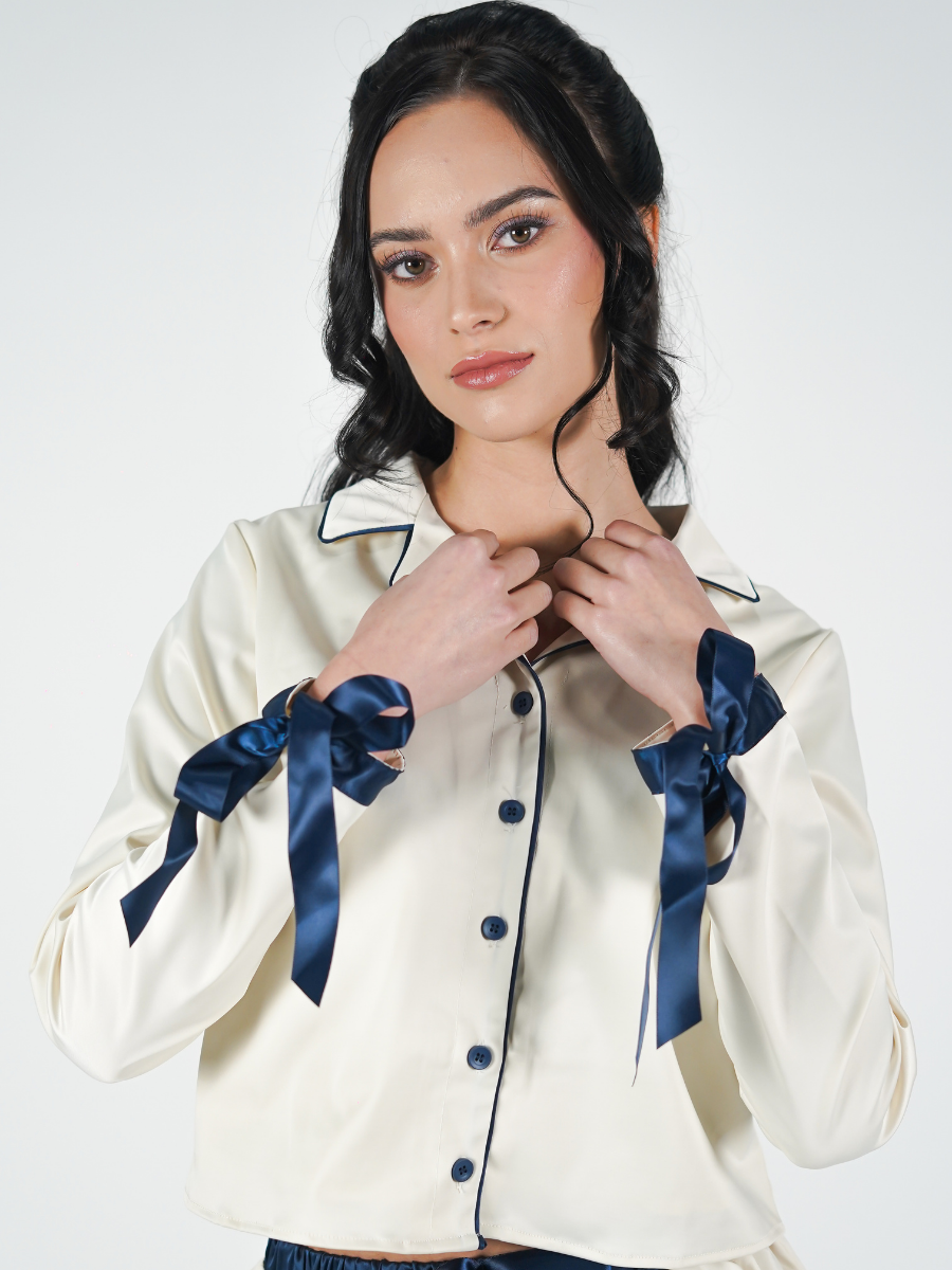 The Solace Set in Cream and Blue Piping