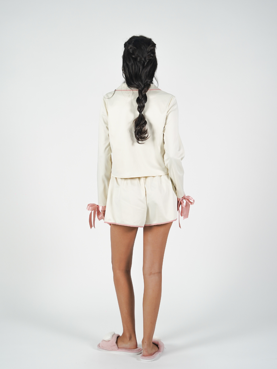 The Solace Set in Cream and Pink Piping