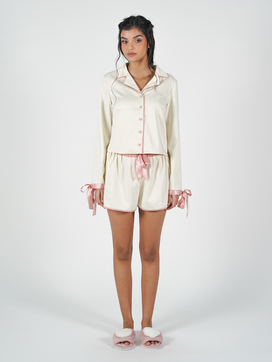 The Solace Set in Cream and Pink Piping