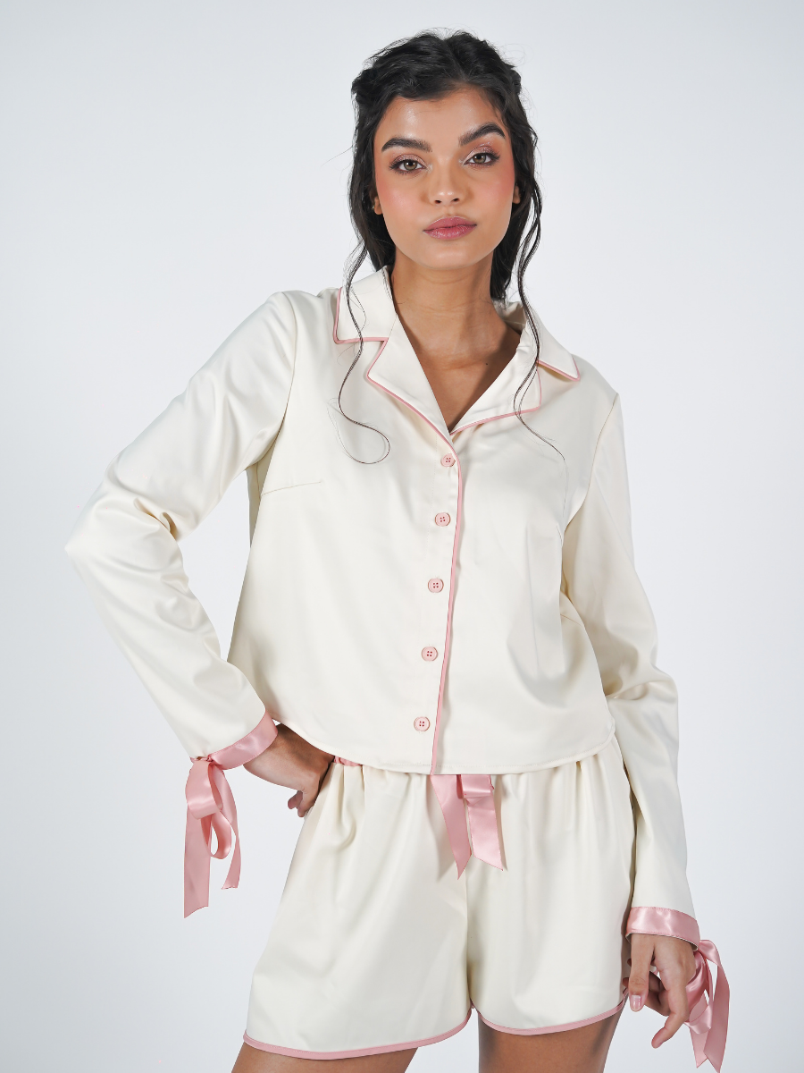 The Solace Set in Cream and Pink Piping