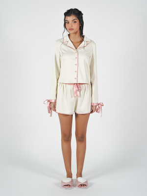 The Solace Set in Cream and Pink Piping