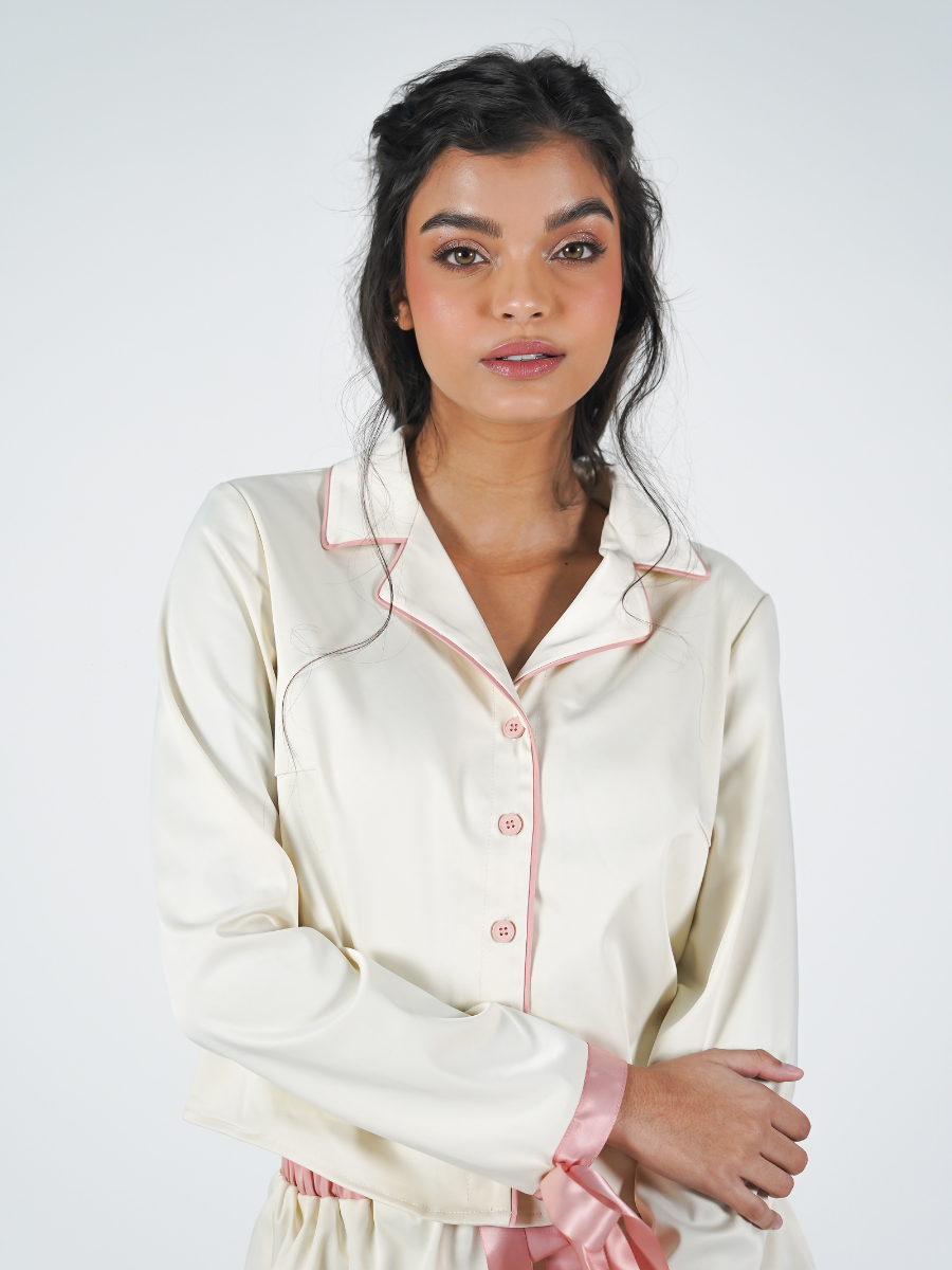 The Solace Set in Cream and Pink Piping