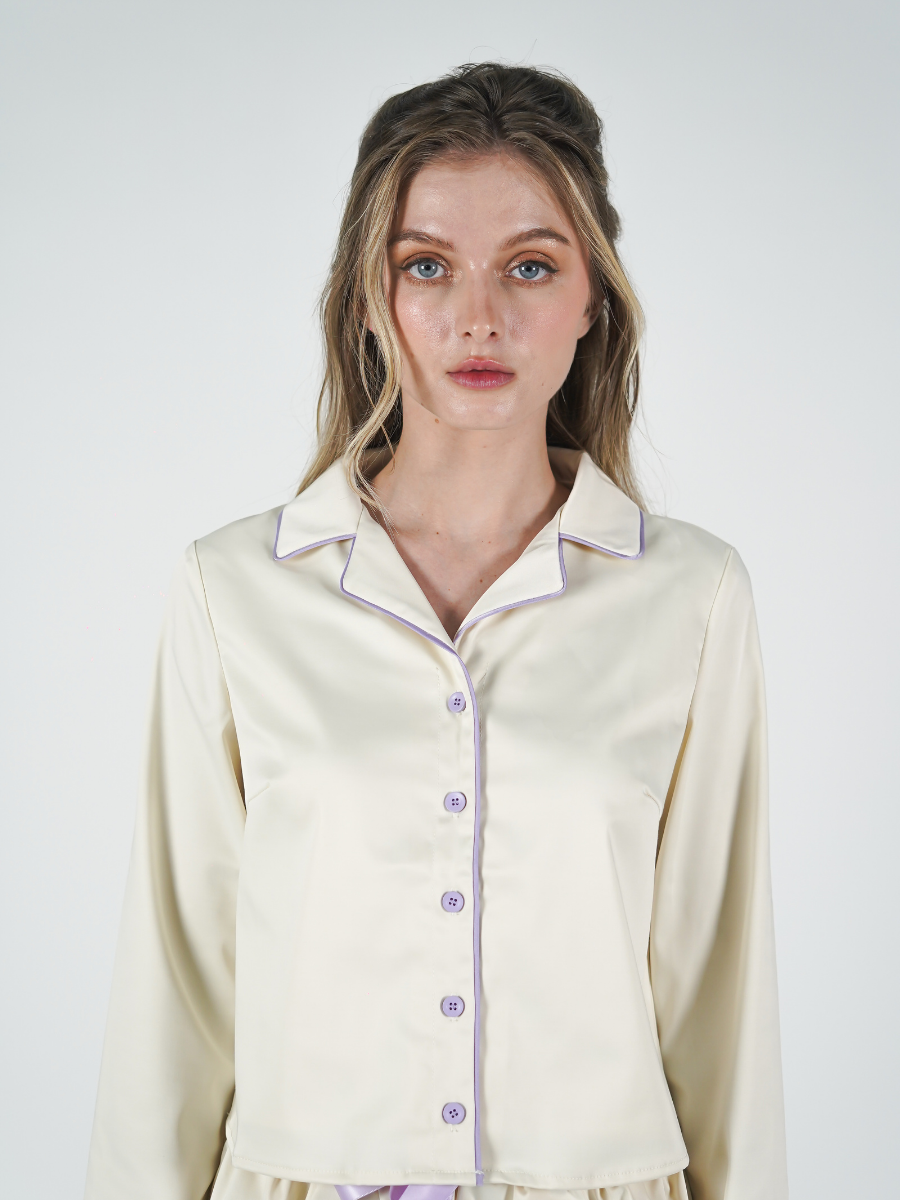 The Solace Set in White and Lavender Piping